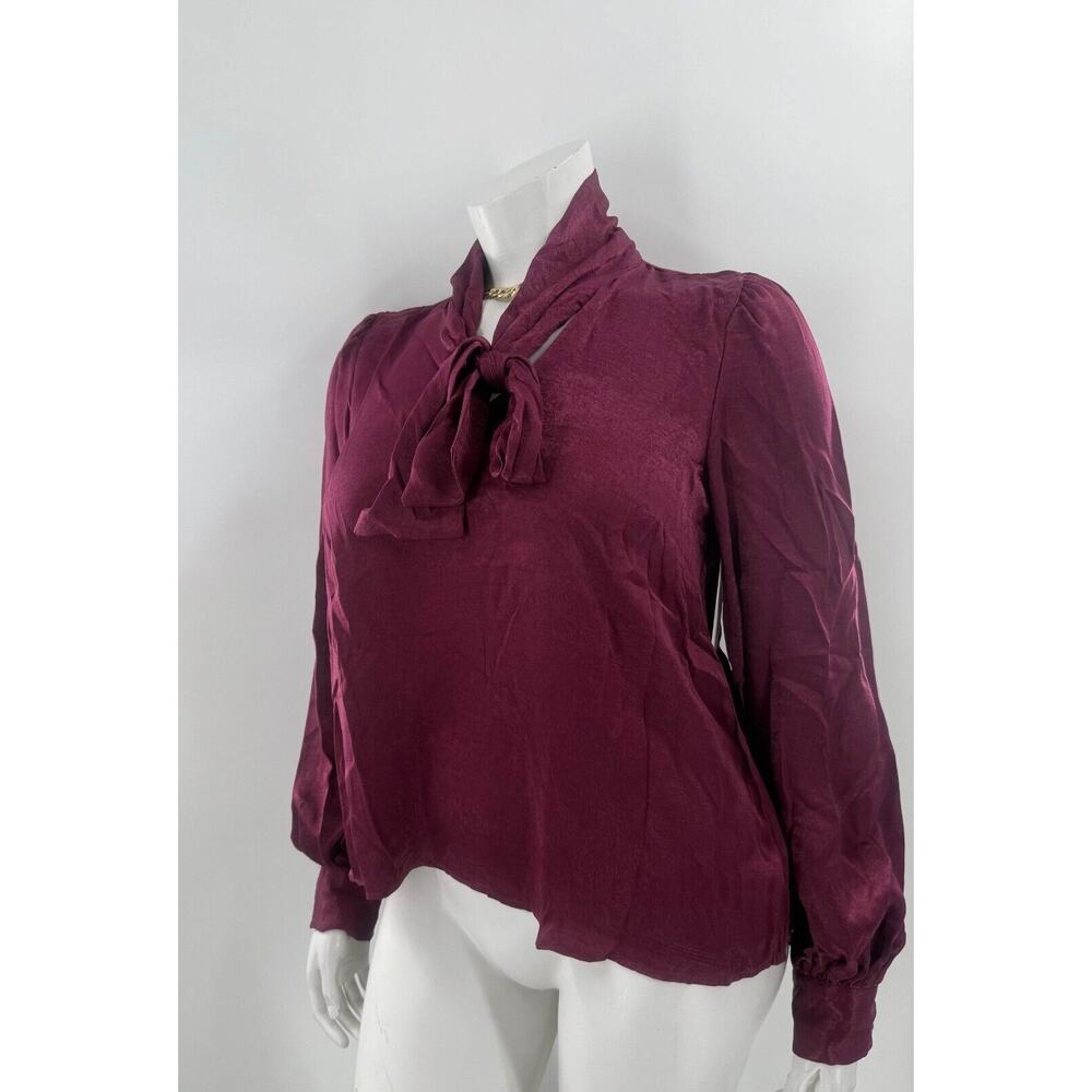 Aura Blouse Top Womens Large Burgundy Bow Neck Casual Long Sleeve Pullover